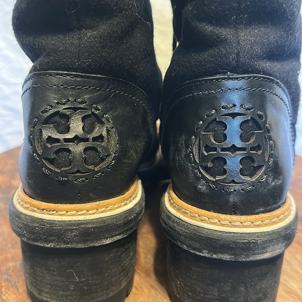 Tory Burch Shearling Wool Leather Miller Lug Sole Black/Grey Bootie size 10.5 - Picture 5 of 10